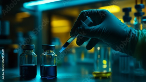 Using a syringe with gloves in a clinical laboratory illuminated by blue light