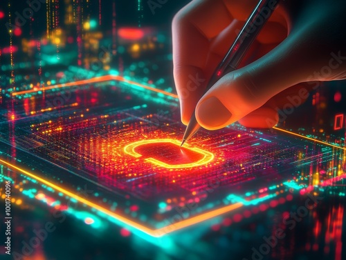 An illustration of a hand using a stylus to manipulate a tablet with a glowing digital lock, depicting cybersecurity photo