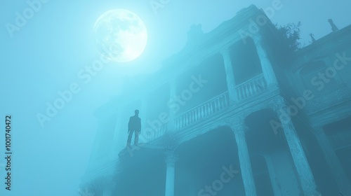 Ghostly Specter on Balcony of Decrepit Mansion in Moonlight Ray Tracing Artwork