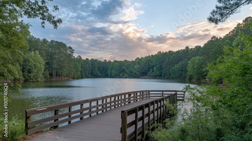 A wooden pier extends into a tranquil lake, surrounded by lush green trees and a serene sky with clouds.