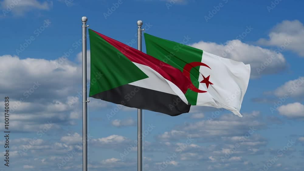 Algeria and Sudan flags flying together, video concept of the relationship, two country relations concept Algeria and Sudan flags flying together, video concept of the relationship, two country relations concept