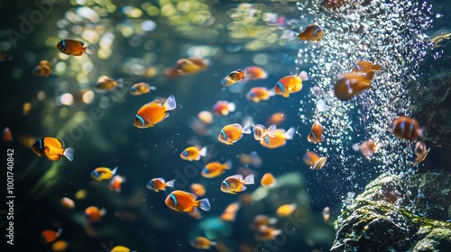 Clownfish swimming in an aquarium with bubbles and light