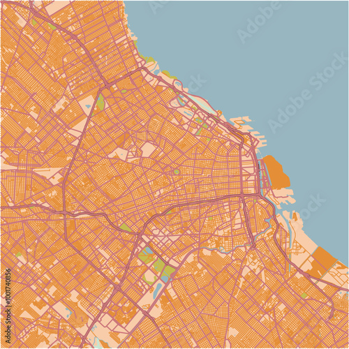 Map of Buenos Aires in Argentina in a sandy theme. Contains layered vector with roads water, parks, etc.