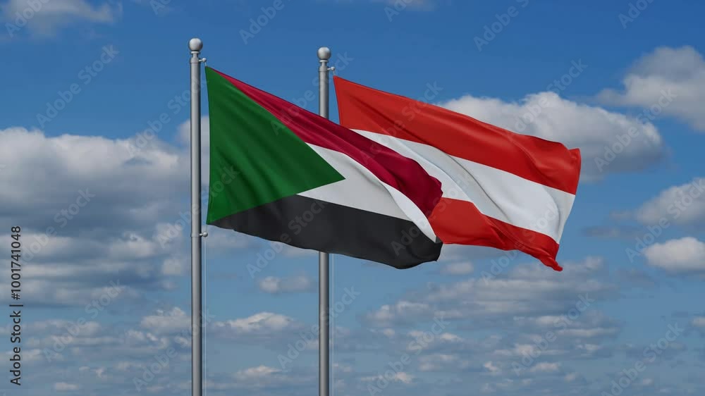 Austria and Sudan flags flying together, video concept of the relationship, two country relations concept Austria and Sudan flags flying together, video concept of the relationship, two country relations concept