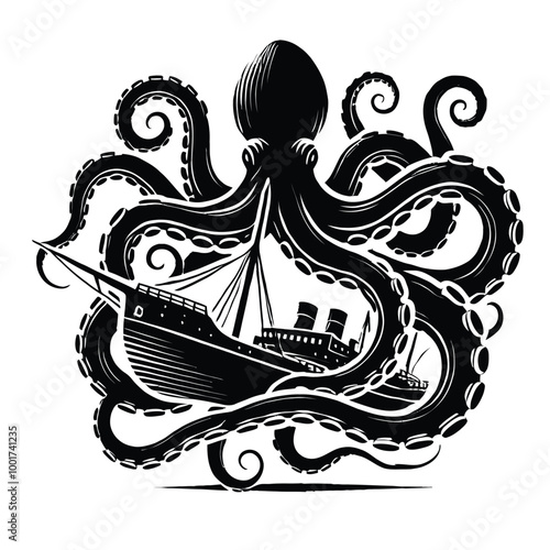 Octopus Shipwreck Silhouette
