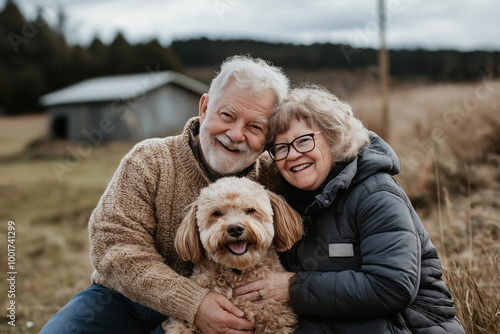 A man and woman are sitting on the ground with a dog between them. The man is wearing a brown sweater and the woman is wearing a black jacket. They are both smiling