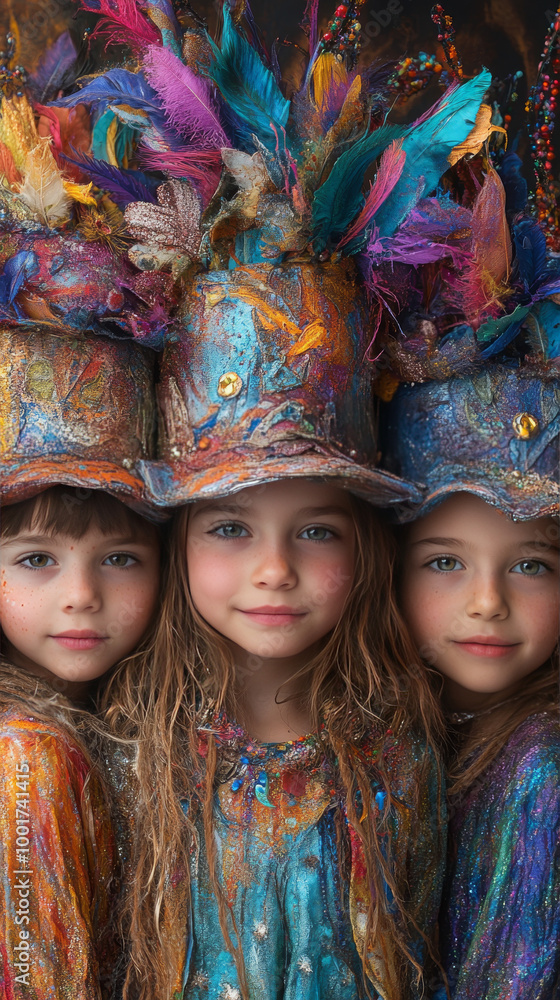 Three young girls in colorful hats and clothing. Three young girls in colorful hats and clothing.