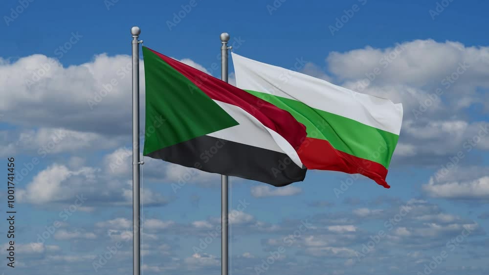 Bulgaria and Sudan flags flying together, video concept of the relationship, two country relations concept Bulgaria and Sudan flags flying together, video concept of the relationship, two country relations concept