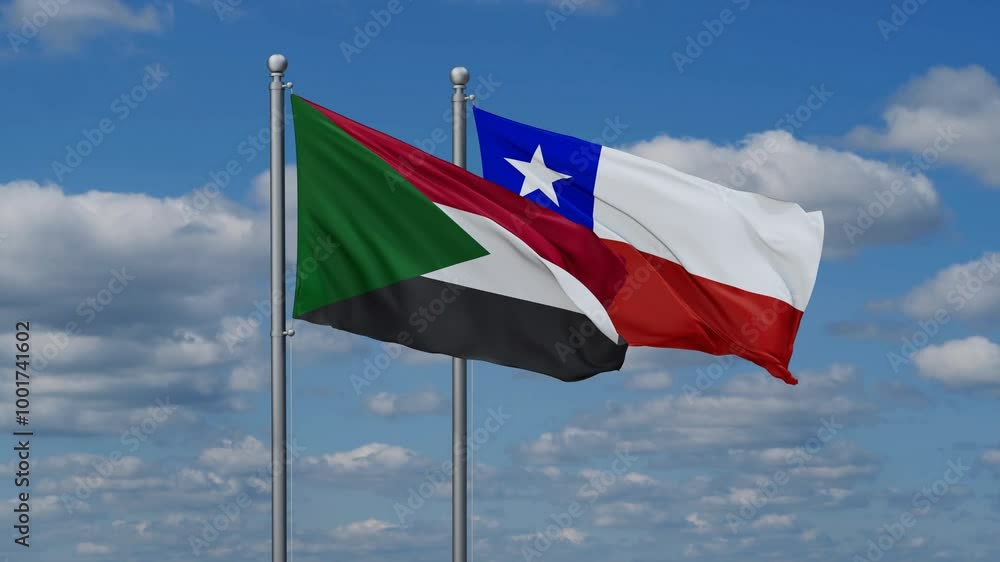 Chile and Sudan flags flying together, video concept of the relationship, two country relations concept Chile and Sudan flags flying together, video concept of the relationship, two country relations concept