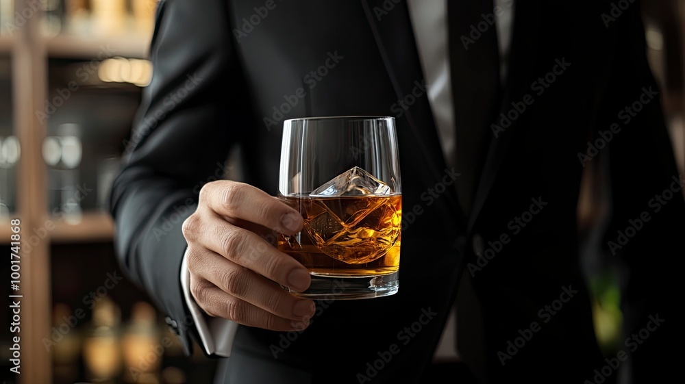 Businessman in black suit holding glass of whiskey Celebrate company success close-up with generaative ai Businessman in black suit holding glass of whiskey Celebrate company success close-up with generaative ai