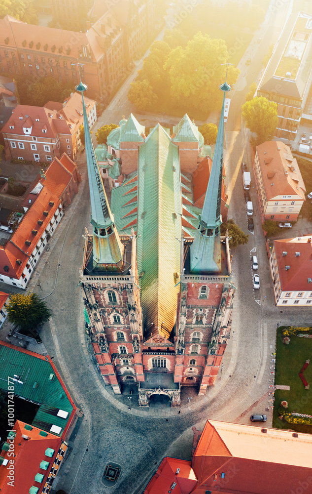 Wroclaw capital of the Lower Silesian Voivodeship, Poland – aerial view of gothic catholic cathedral The St. John the Baptist Archcathedral