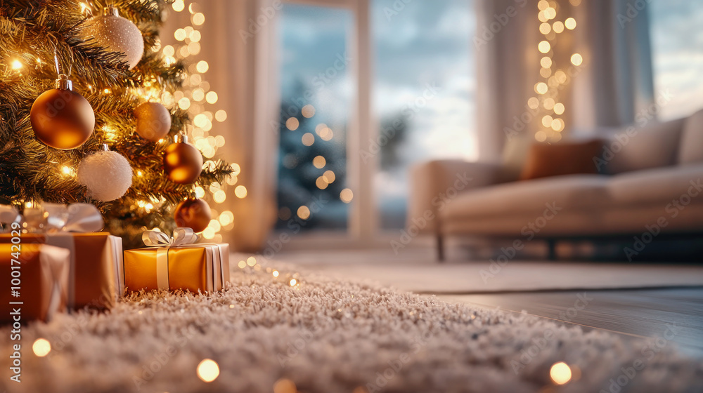 illustration of low angle view in a cozy living room with decorated chstmas tree and fairy lights