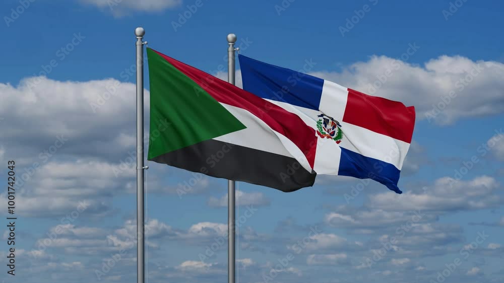 Dominican Republic and Sudan flags flying together, video concept of the relationship, two country relations concept Dominican Republic and Sudan flags flying together, video concept of the relationship, two country relations concept