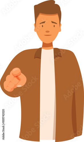 Young man wearing a brown jacket is pointing his finger at you