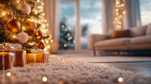 illustration of low angle view in a cozy living room with decorated chstmas tree and fairy lights photo