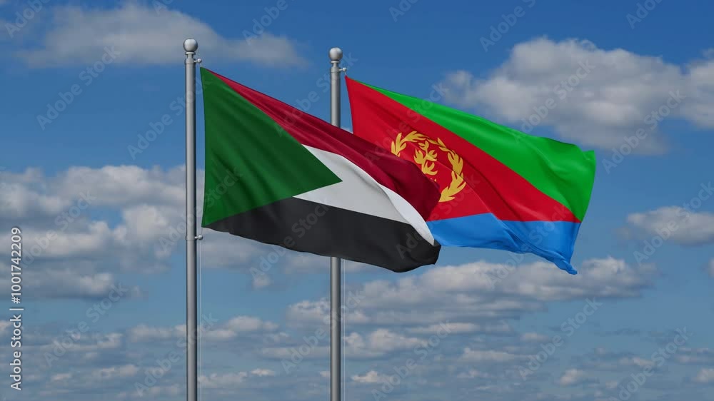 Eritrea and Sudan flags flying together, video concept of the relationship, two country cooperation concept Eritrea and Sudan flags flying together, video concept of the relationship, two country cooperation concept