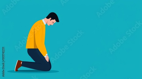 Man kneeling, head bowed, silent emotional suffering, flat design illustration, copy space for text,