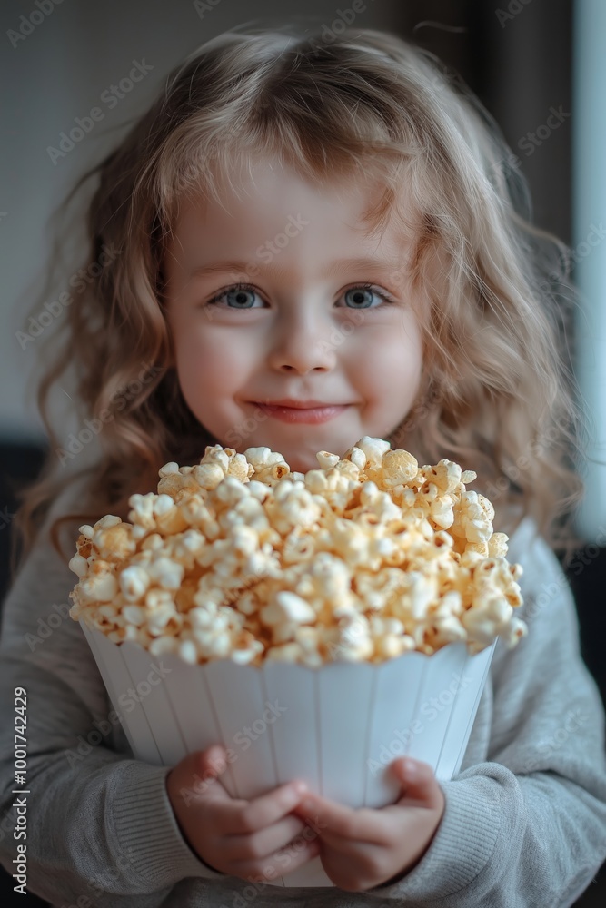 A young girl is holding a bowl of popcorn. She is smiling and she is enjoying herself A young girl is holding a bowl of popcorn. She is smiling and she is enjoying herself