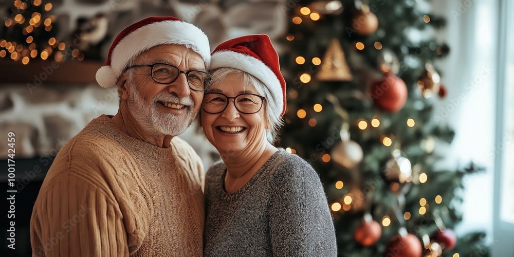 A couple in santa hats pose in front of a Christmas tree. The man is wearing a brown sweater and the woman is wearing a black dress. They are smiling and seem to be enjoying the festive atmosphere A couple in santa hats pose in front of a Christmas tree. The man is wearing a brown sweater and the woman is wearing a black dress. They are smiling and seem to be enjoying the festive atmosphere