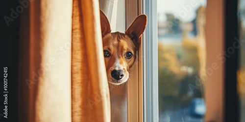 A dog is peeking out of a window. The dog is brown and white