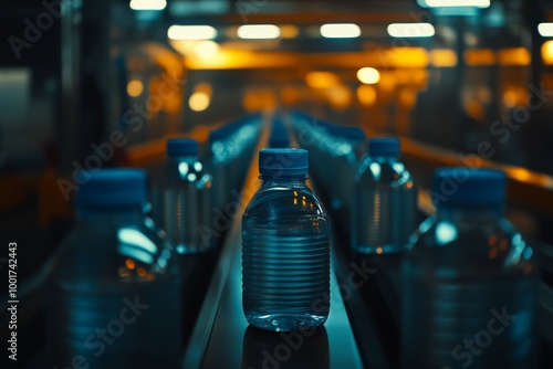 Water bottles on a conveyor during manufacturing