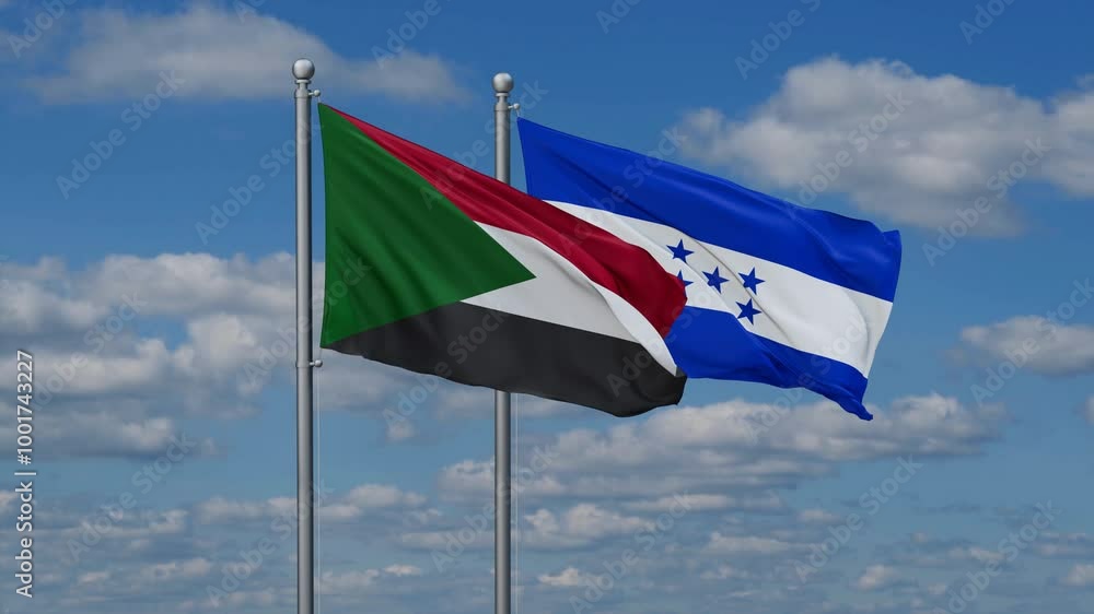 Honduras and Sudan flags flying together, video concept of the relationship, two country relations concept Honduras and Sudan flags flying together, video concept of the relationship, two country relations concept