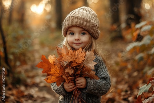 Golden Harvest: Portrait of a Cheerful Girl Playing in Autumn Forest with a Bouquet of Leaves