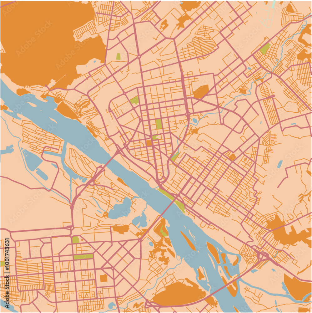 Obraz premium Map of Novosibirsk in Russia in a sandy theme. Contains layered vector with roads water, parks, etc.