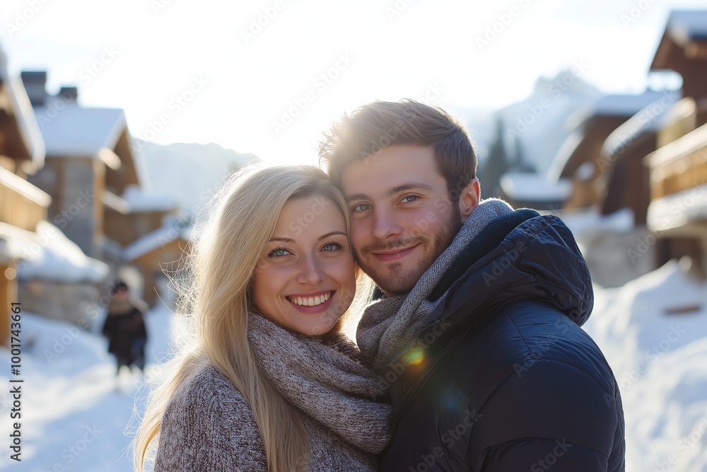 A couple is posing for a picture in the snow. The woman is wearing a scarf and the man is wearing a jacket. Scene is warm and happy, as the couple is smiling and enjoying each other's company A couple is posing for a picture in the snow. The woman is wearing a scarf and the man is wearing a jacket. Scene is warm and happy, as the couple is smiling and enjoying each other's company