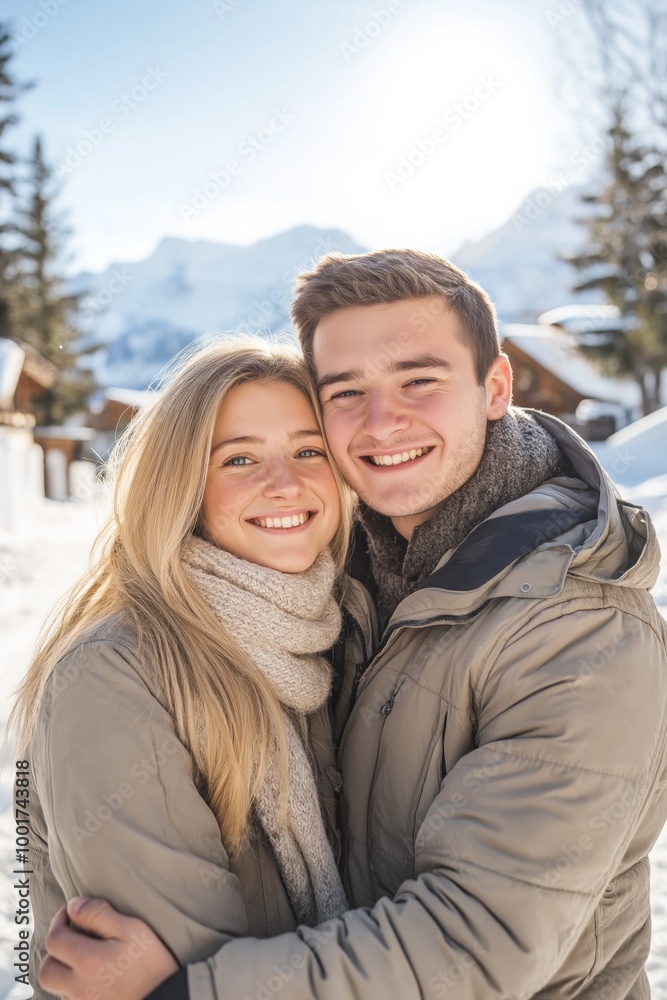 A young couple is smiling and hugging each other in the snow. The man is wearing a brown jacket and the woman is wearing a scarf. The scene is set in a snowy environment A young couple is smiling and hugging each other in the snow. The man is wearing a brown jacket and the woman is wearing a scarf. The scene is set in a snowy environment