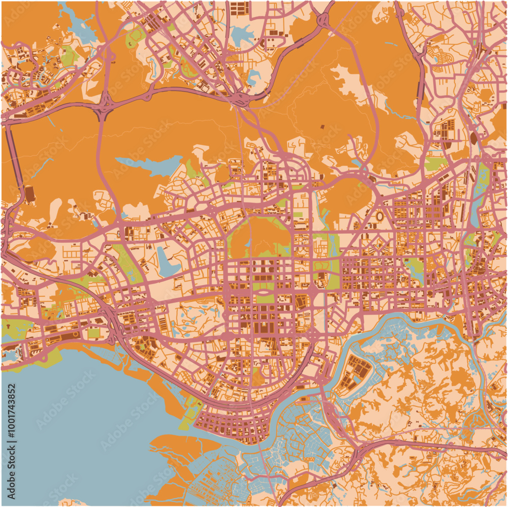 Fototapeta premium Map of Shenzhen in China in a sandy theme. Contains layered vector with roads water, parks, etc.