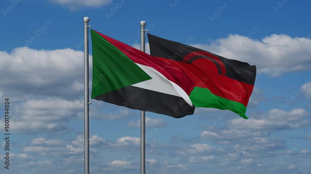 Malawi and Sudan flags flying together, video concept of the relationship, two country relations concept Malawi and Sudan flags flying together, video concept of the relationship, two country relations concept