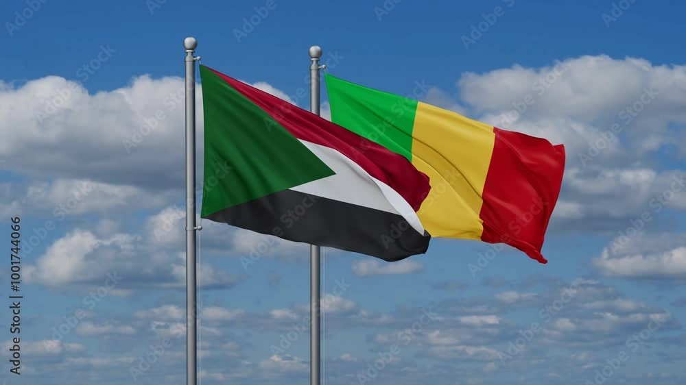 Mali and Sudan flags waving together, video concept of the relationship, two country relations concept Mali and Sudan flags waving together, video concept of the relationship, two country relations concept