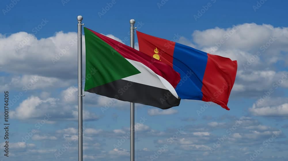 Mongolia and Sudan flags flying together, video concept of the relationship, two country cooperation concept Mongolia and Sudan flags flying together, video concept of the relationship, two country cooperation concept