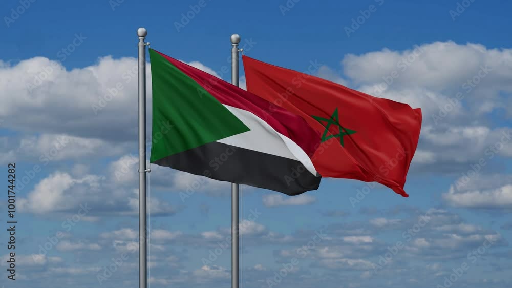 Morocco and Sudan flags flying together, video concept of the relationship, two country relations concept Morocco and Sudan flags flying together, video concept of the relationship, two country relations concept