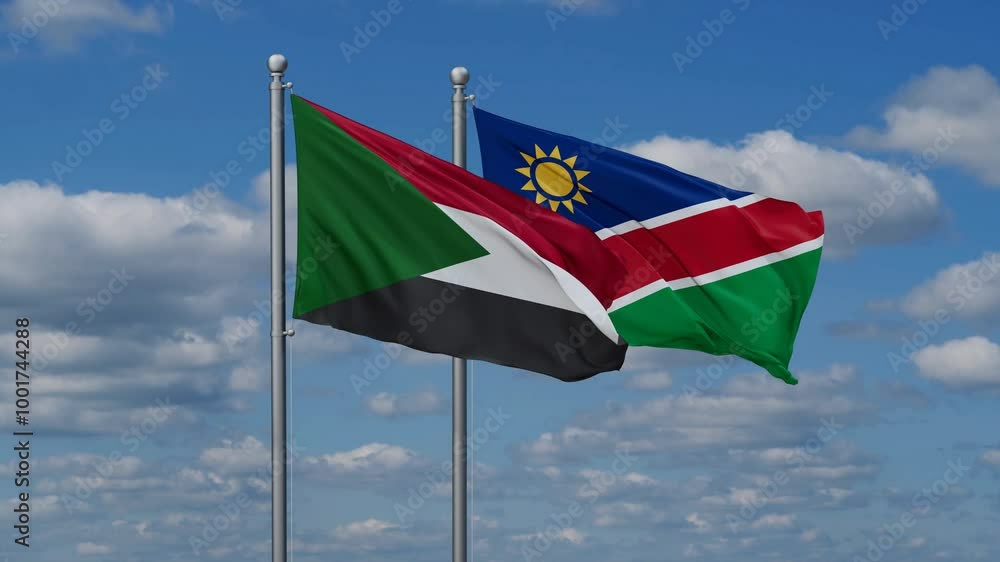 Sudan and Namibia flags flying together, video concept of the relationship, two country relations concept Sudan and Namibia flags flying together, video concept of the relationship, two country relations concept