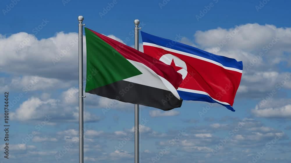 North Korea and Sudan flags flying together, video concept of the relationship North Korea and Sudan flags flying together, video concept of the relationship