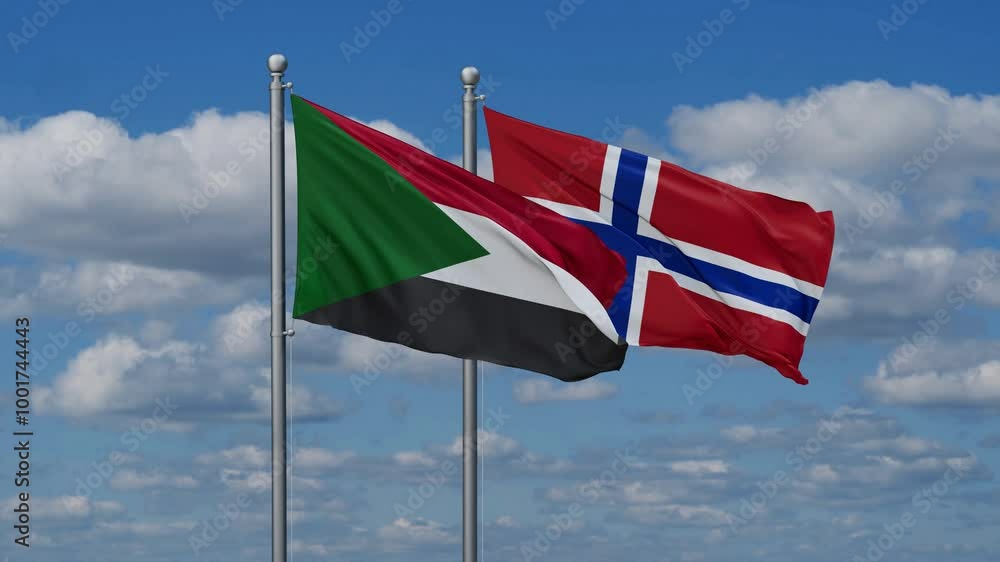 Norway and Sudan flags flying together, video concept of the relationship, two country relations concept Norway and Sudan flags flying together, video concept of the relationship, two country relations concept