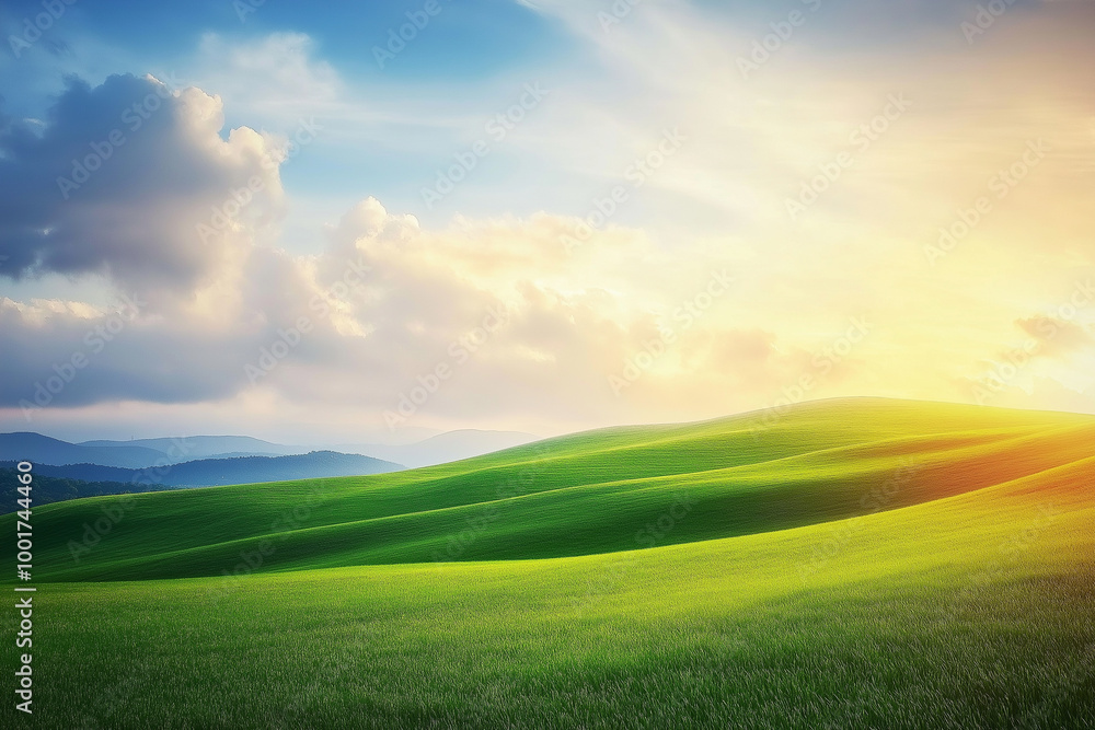 Green field and beautiful sky. generative AI Green field and beautiful sky. generative AI