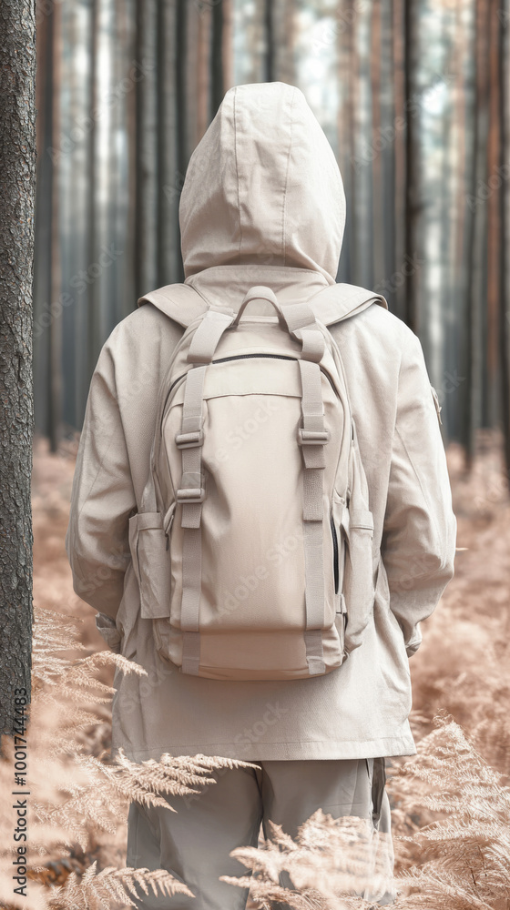 Fototapeta premium A lone hiker walks through a forest, their back turned to the camera.