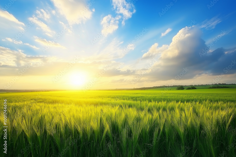 Green field and beautiful sky. generative AI Green field and beautiful sky. generative AI