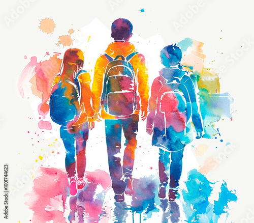 Group of school children with backpacks in jackets walking on the street color watercolor illustration with abstract background, rear view. Students go to school or return home.