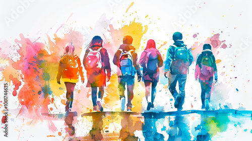 Group of school children with backpacks in jackets walking on the street color watercolor illustration with abstract background, rear view. Students go to school or return home.