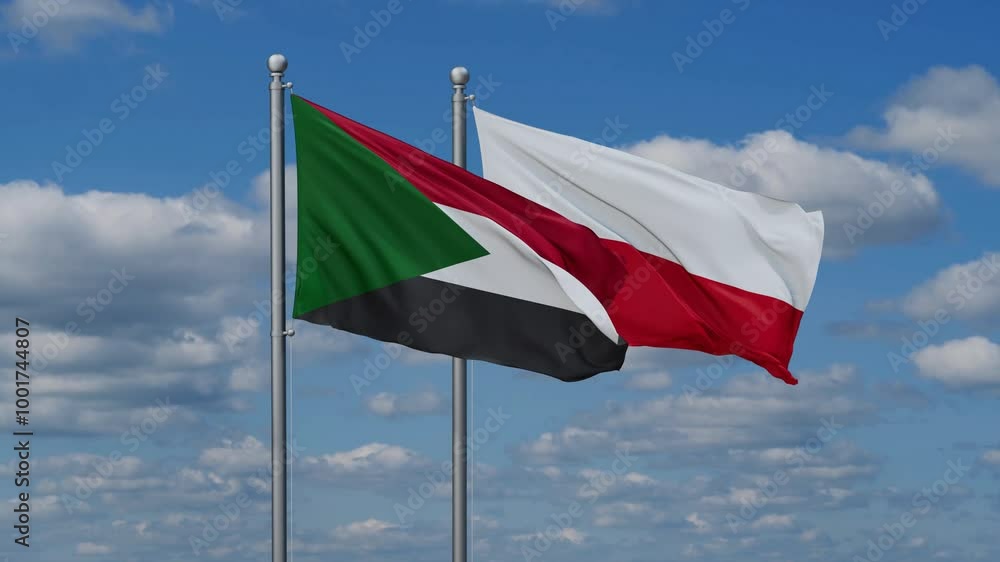 Poland and Sudan flags flying together, video concept of the relationship, two country cooperation concept Poland and Sudan flags flying together, video concept of the relationship, two country cooperation concept