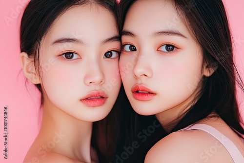 Close up portrait beauty shot of two young beautiful Asian girls looking at camera isolated on pink background. with generative ai