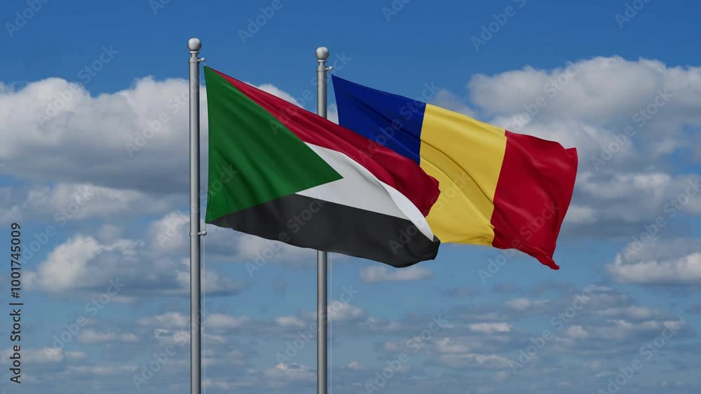 Romania and Sudan flags flying together, video concept of the relationship, two country cooperation concept Romania and Sudan flags flying together, video concept of the relationship, two country cooperation concept