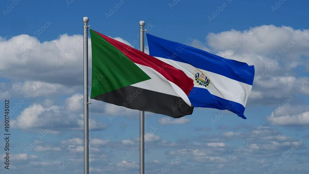 Republic of El Salvador and Sudan flags flying together, video concept of the relationship, two country cooperation concept Republic of El Salvador and Sudan flags flying together, video concept of the relationship, two country cooperation concept