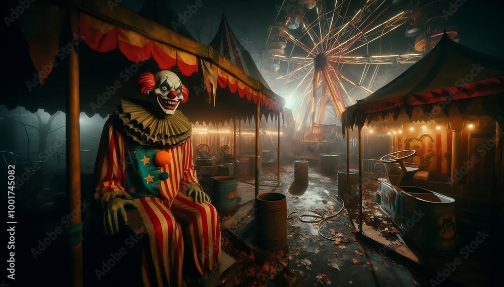 Obraz premium A haunted carnival with broken rides, eerie clown statues, and dimly lit tents.Generative ai