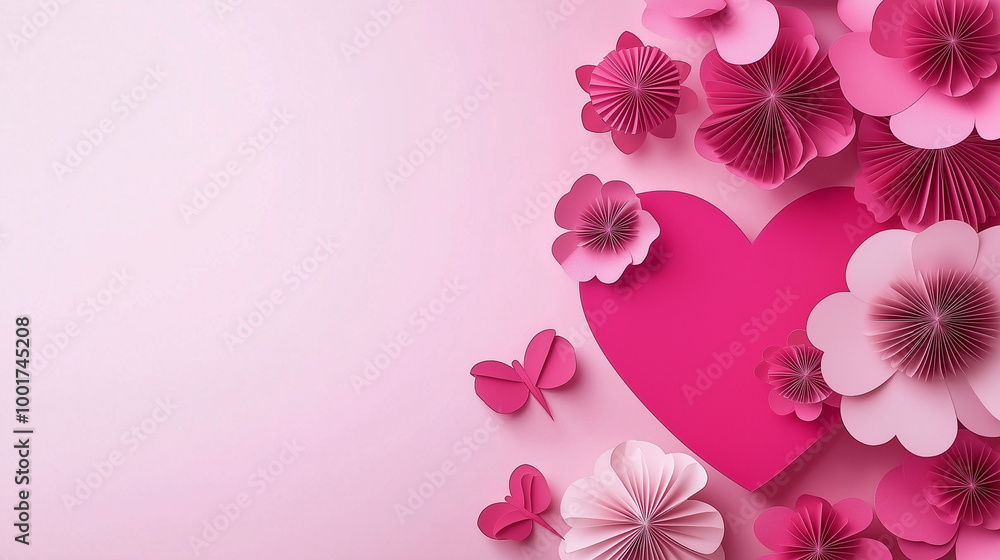 Fototapeta premium Pink heart with paper flowers on pastel background