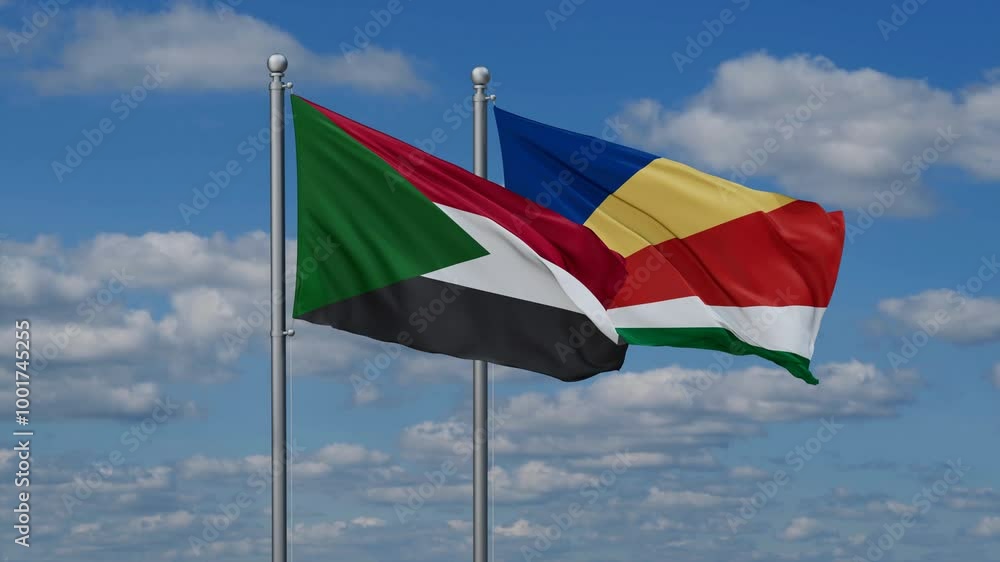 Seychelles and Sudan flags flying together, video concept of the relationship, two country relations concept Seychelles and Sudan flags flying together, video concept of the relationship, two country relations concept
